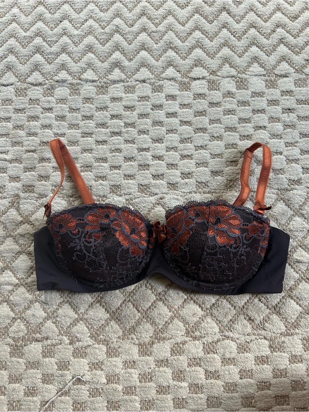 Adore Me Vintage Black Lace Bra with Rust Accent Straps